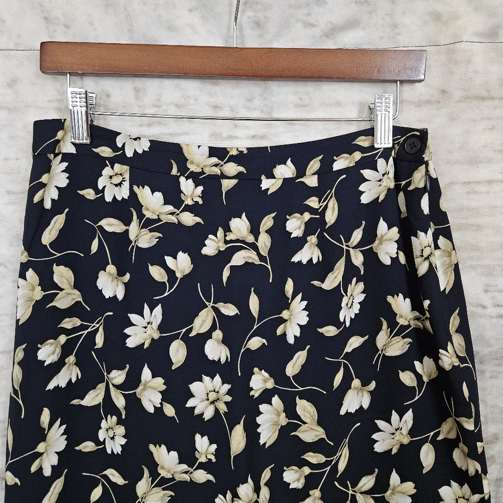 Vintage 1990s Silk Black Floral Maxi Skirt M Column 90s Jones New York Grunge